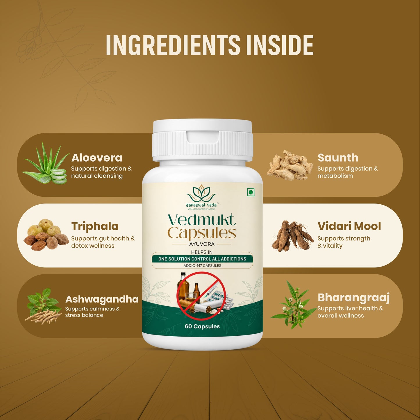Saraswat Veda Vedmukt Capsules | Premium Ayurvedic Herbal Formula for Tobacco Detox Support, Craving Management, Liver & Lung Wellness & Daily Vitality | 60 Veg Capsules