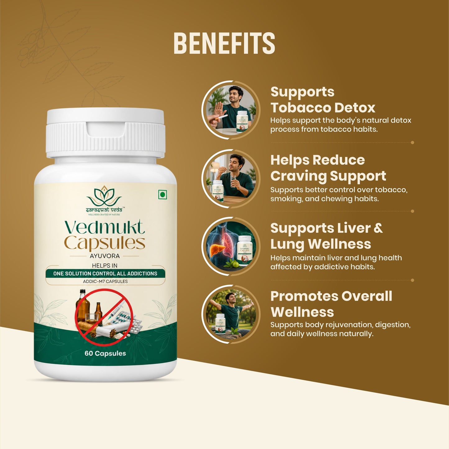 Saraswat Veda Vedmukt Capsules | Premium Ayurvedic Herbal Formula for Tobacco Detox Support, Craving Management, Liver & Lung Wellness & Daily Vitality | 60 Veg Capsules