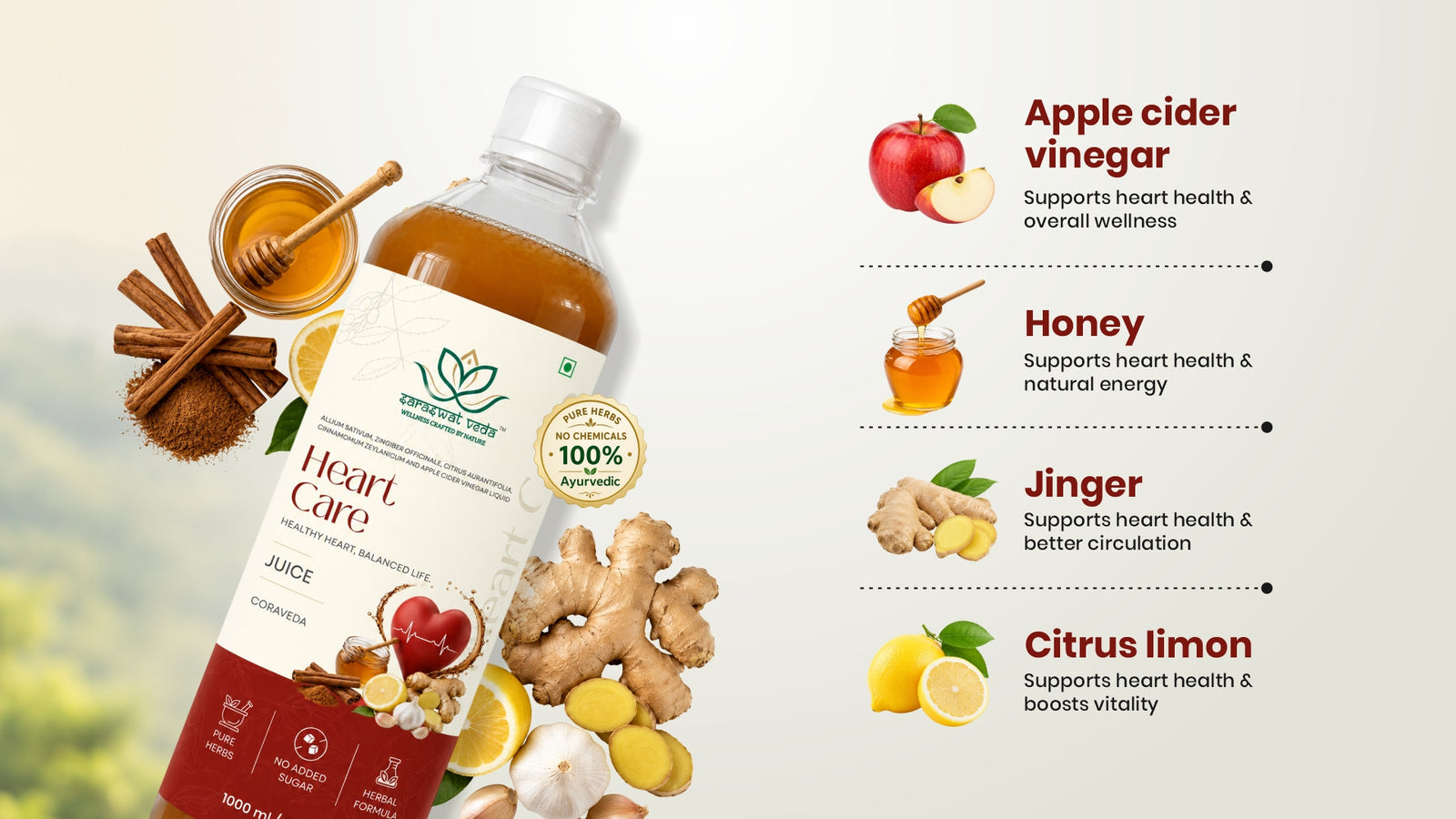 Saraswat Veda Heart Care Juice | Advanced Ayurvedic Heart Wellness Formula | Apple Cider Vinegar, Garlic, Ginger, Cinnamon & Honey | No Added Sugar | Daily Herbal Drink | 1000 ml