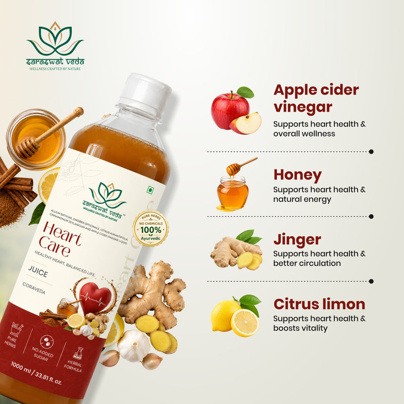 Saraswat Veda Heart Care Juice | Advanced Ayurvedic Heart Wellness Formula | Apple Cider Vinegar, Garlic, Ginger, Cinnamon & Honey | No Added Sugar | Daily Herbal Drink | 1000 ml