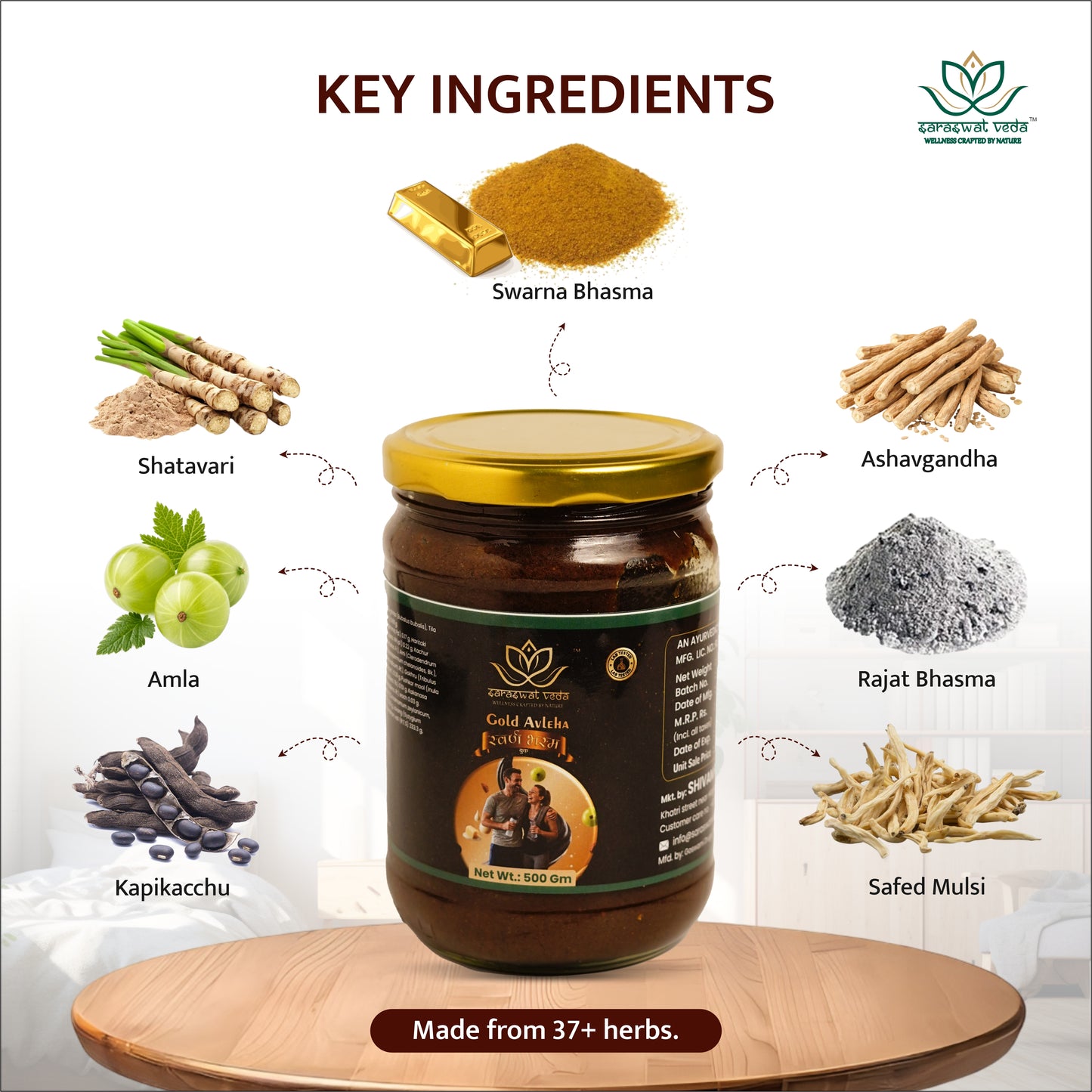 Saraswat Veda Gold Avleha Chyawanprash 500g with Swarna Bhasma, Rajat Bhasma & Herbal Rasayan | Ayurvedic Vitality, Strength & Immunity Support for Men