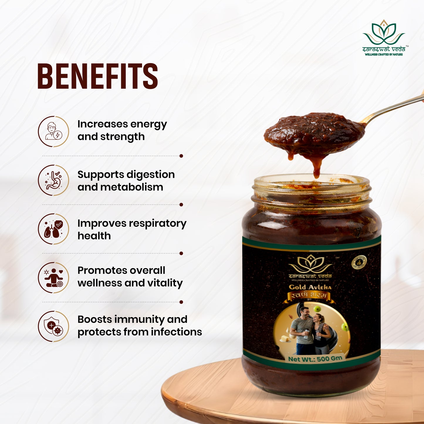 Saraswat Veda Gold Avleha Chyawanprash 500g with Swarna Bhasma, Rajat Bhasma & Herbal Rasayan | Ayurvedic Vitality, Strength & Immunity Support for Men